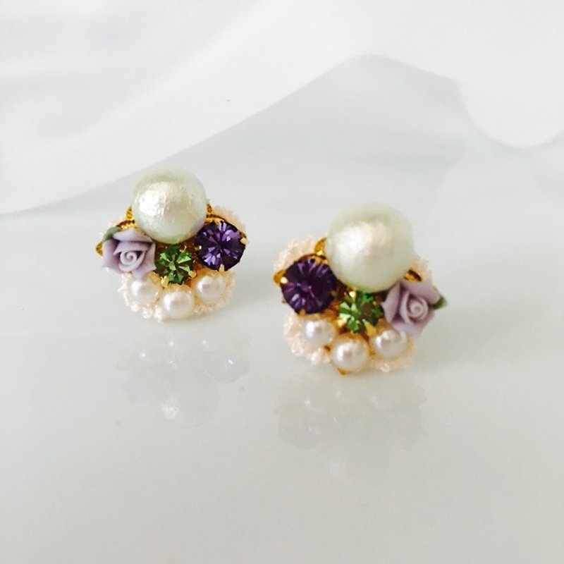 Mint green ☆ cotton pearl ☆ earrings - ต่างหู - วัสดุอื่นๆ สีม่วง