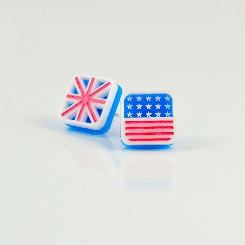 英國美國國旗//抗過敏鋼針/可改夾式 - 耳環/耳夾 - 壓克力 藍色