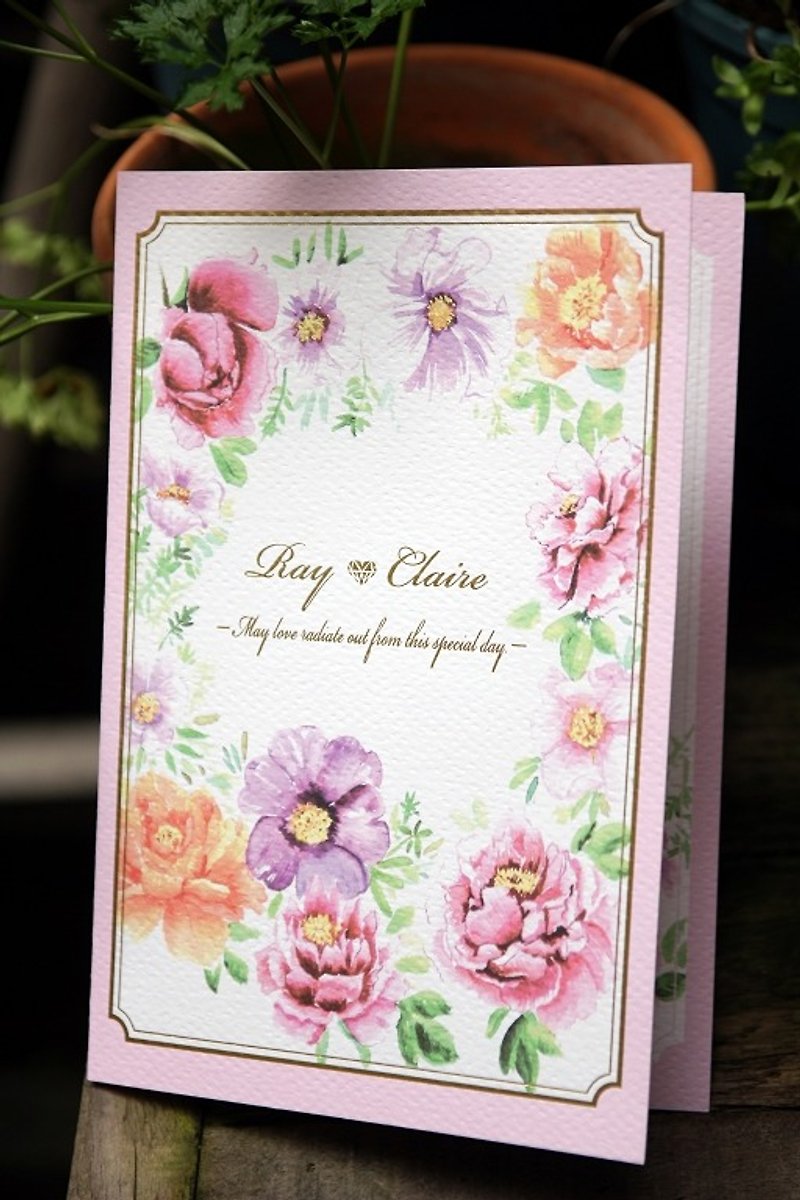 【設計師款婚卡】《水彩花卉》水彩手工喜帖-正面可換自己的英文名字或婚禮LOGO - 卡片/明信片 - 紙 粉紅色