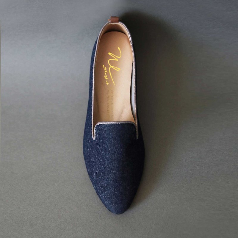 Denim Blue (Classic Blue) Heeled Loafers Denim Loafers | WL - รองเท้าอ็อกฟอร์ดผู้หญิง - วัสดุอื่นๆ สีน้ำเงิน
