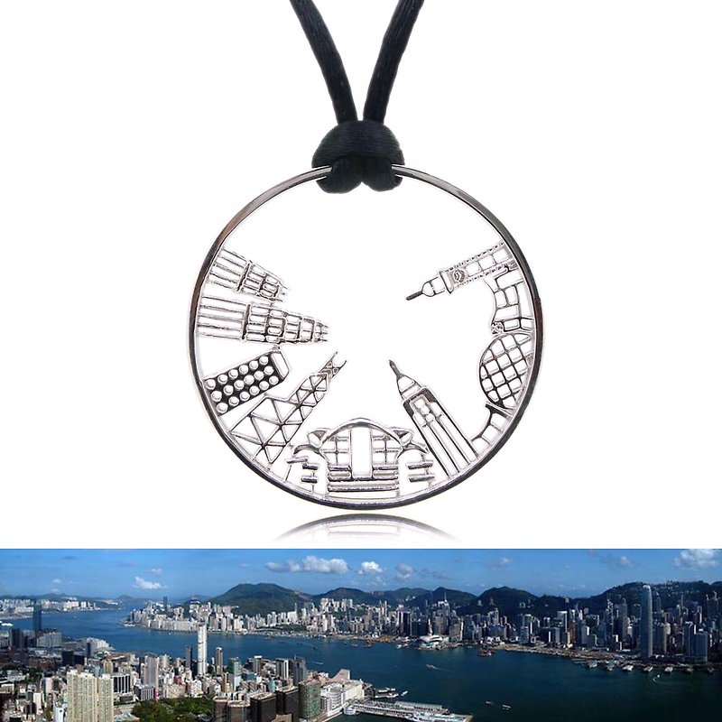 HK065~ 925銀香港維多利亞海港風景吊墜(43mm)連32吋絲絨頸鏈 - 頸圈項鍊 - 銀 銀色