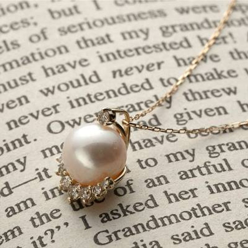 [Necklace] K10YG + Diamond + freshwater pearl of Petit jewelry necklace / FirstN01 - Necklaces - Other Metals Yellow