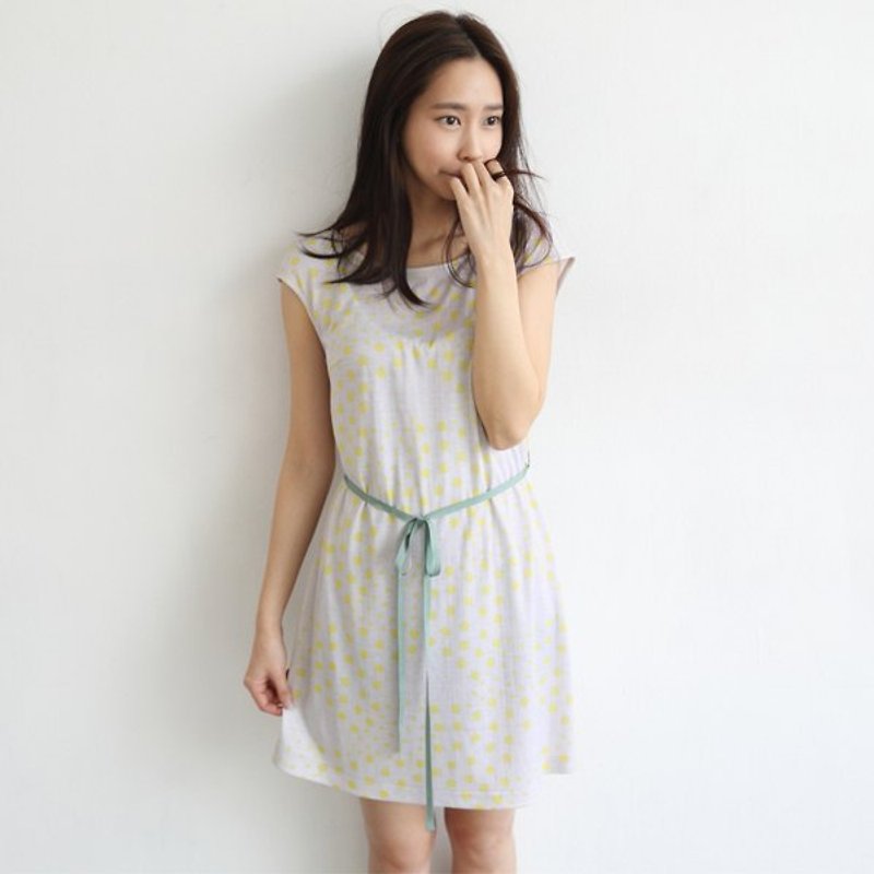 Dot short-sleeved dress spring dig back (with strap) _ light gray - Other - Other Materials Gray