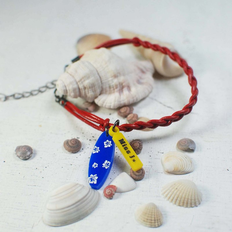 Surfboard calfskin bracelet + small tag [Text can be customized] - สร้อยข้อมือ - อะคริลิค สีน้ำเงิน