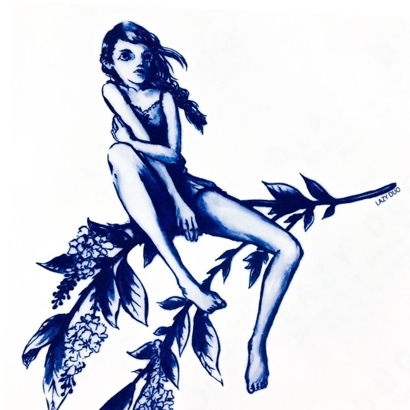 紋身貼紙剌青深藍少女植物花草樹葉大自然天空自由夏日飾物小清新 - 紋身貼紙/刺青貼紙 - 紙 藍色