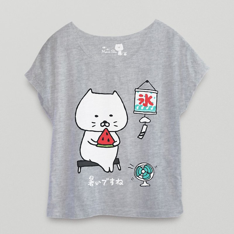 包子貓吃西瓜T-shirt(灰色) - 女短褲/五分褲 - 棉．麻 灰色