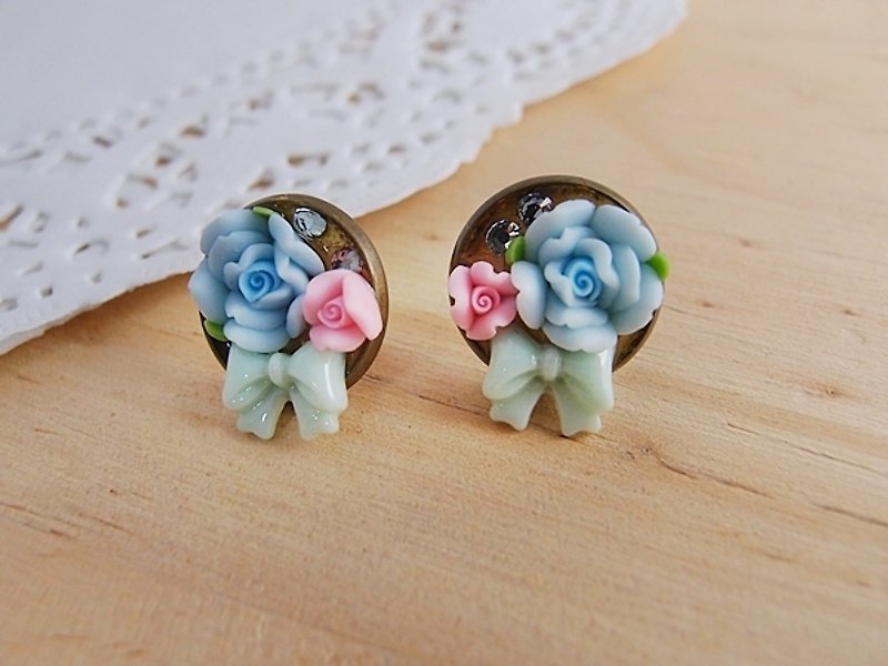 Hear the language of flowers [CR0123] rose with bow x Rhinestone x-ear pin earrings - Earrings & Clip-ons - Other Materials Multicolor