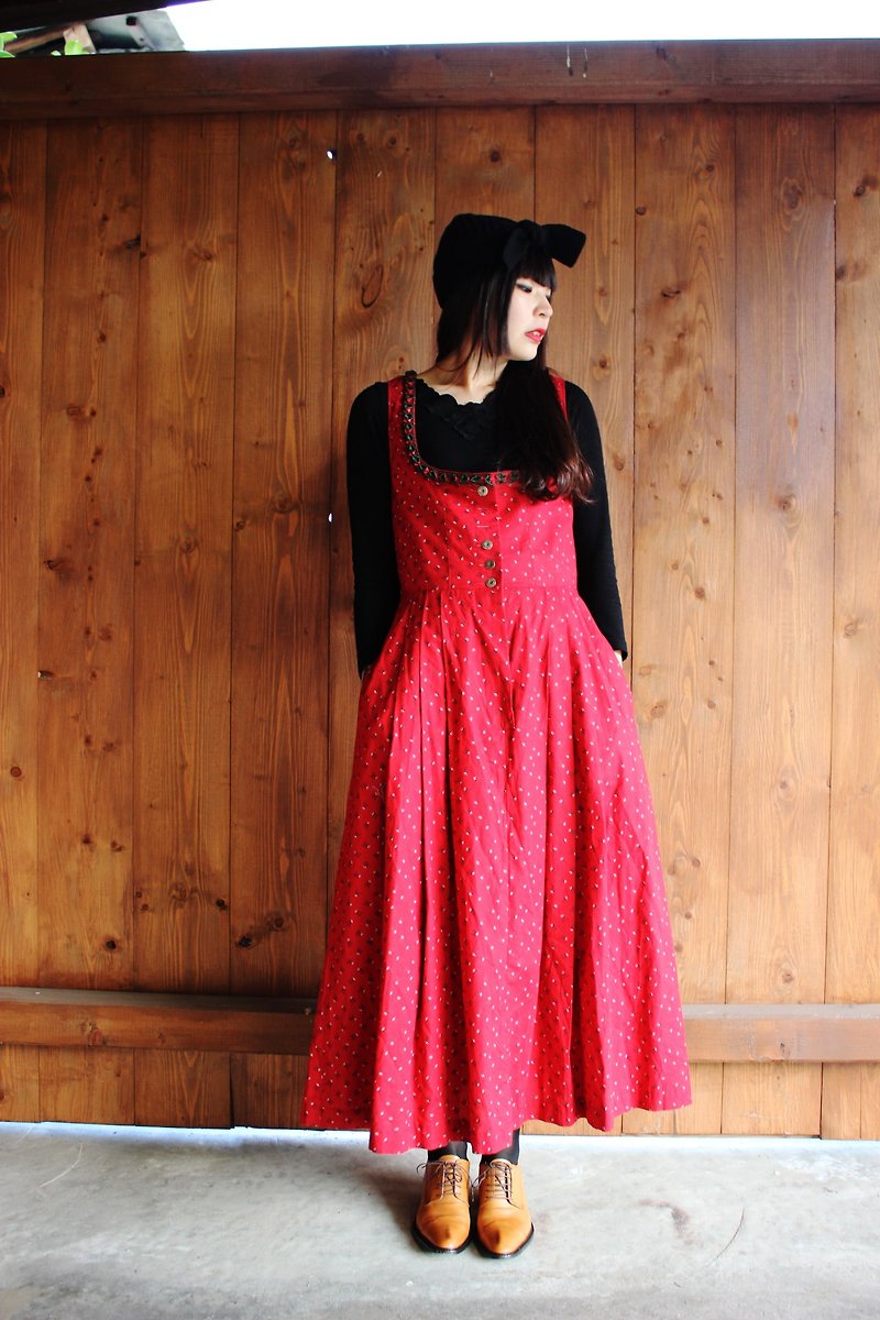 F843 [Austrian system] (Vintage) red floral cotton vest dress (traditional Austrian Dirndl) - One Piece Dresses - Other Materials Red