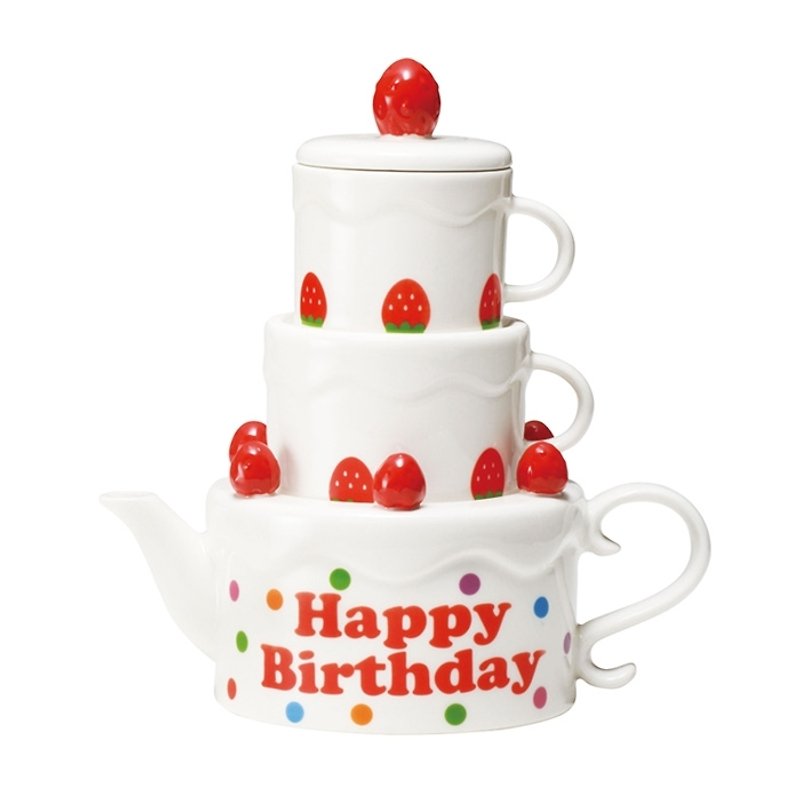 Sunart pot & pair of cups - birthday cake - Teapots & Teacups - Other Materials White