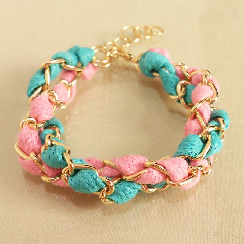 ～Fairy Tale～Double Circle Color Wax Rope Bracelet～Girl by the Mediterranean Sea～Pink+ Teal - Bracelets - Other Metals Multicolor