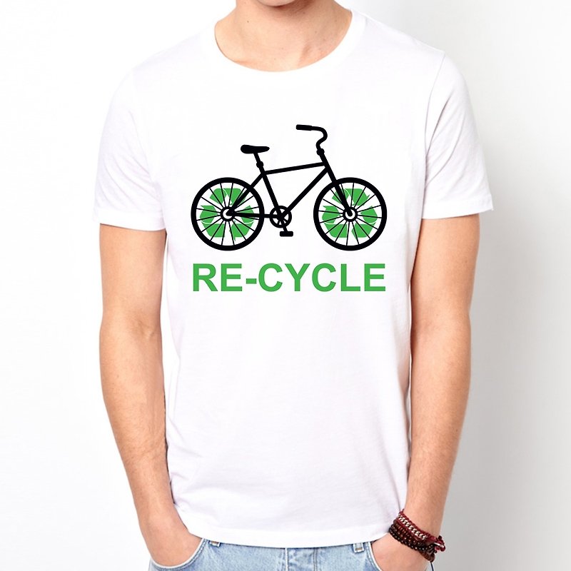 RE-CYCLE短袖T恤-白色 設計環保回收腳踏車單速車文青 - T 恤 - 棉．麻 白色