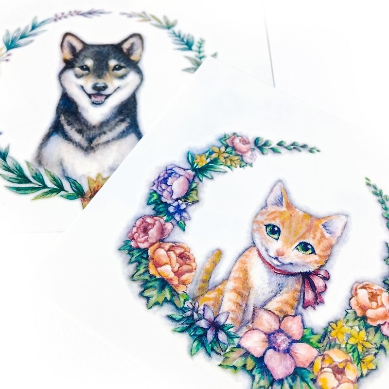 かわいい猫 犬 動物 ニャー ペット 水彩花植物 一時的なタトゥー ステッカー HK - タトゥーシール - 紙 多色
