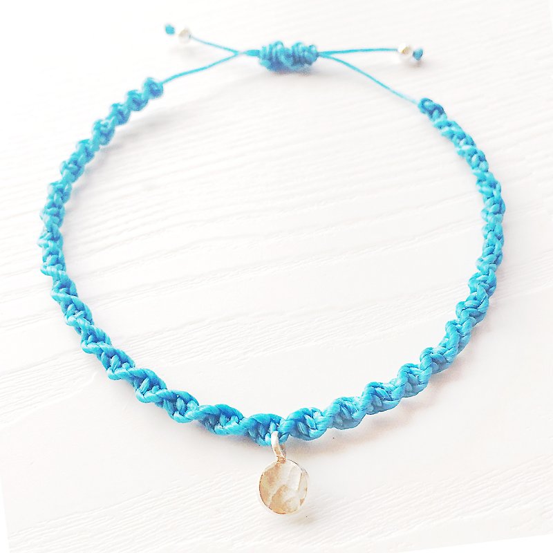 < PEACE>Slim woven  Bracelet Anklet with mini sterling silver pendant - Bracelets - Waterproof Material Blue
