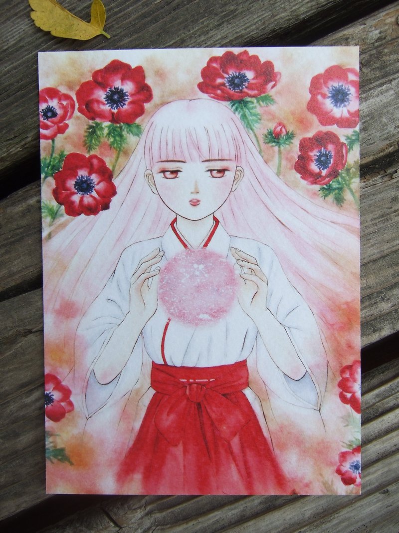 女孩與紅色銀蓮花 手繪水彩插畫 少女人像畫 人物畫明信片 禮物卡 - 心意卡/卡片 - 紙 紅色