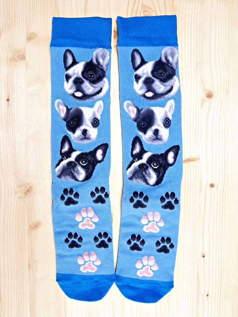 JHJ Design 加拿大品牌 高彩度針織棉襪 狗狗系列-法國鬥牛犬襪子 - 襪子 - 棉．麻 藍色