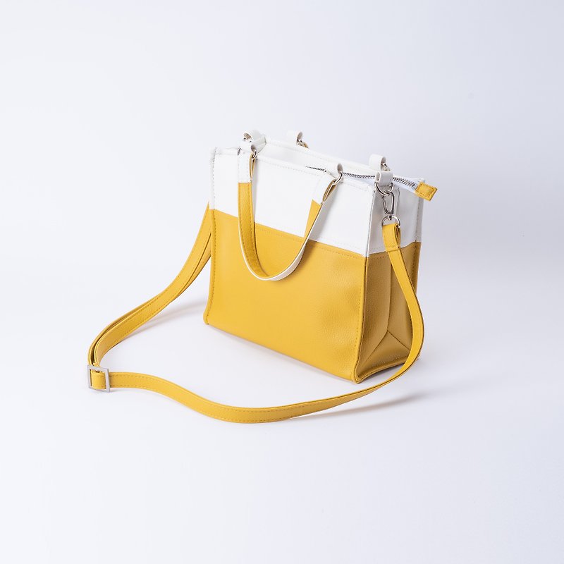 紙袋造型拼色包 手提肩背兩用 白X黃 - 側背包/斜孭袋 - 人造皮革 黃色