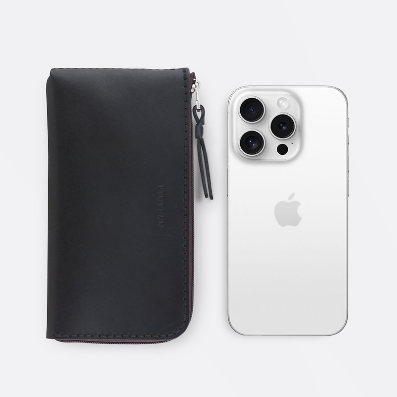iPhone zipper leather phone case/wallet-- Stone black - เคส/ซองมือถือ - หนังแท้ สีดำ