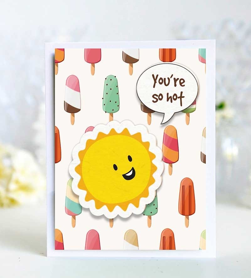 3 You're so hot Valentine Taoka / Universal Card / cute sun and Popsicle / English handmade cards - Cards & Postcards - Paper Multicolor