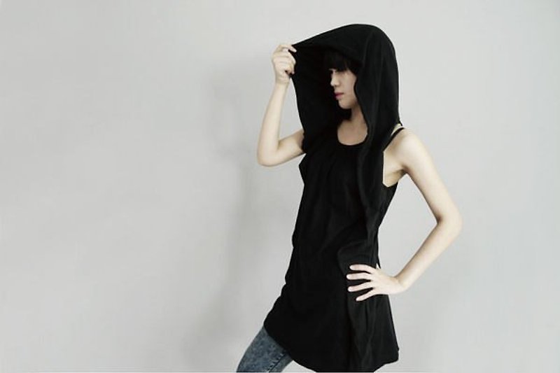I. A. N Design Organic Cotton Hooded Long Vest Organic Cotton F - Women's Vests - Cotton & Hemp Black