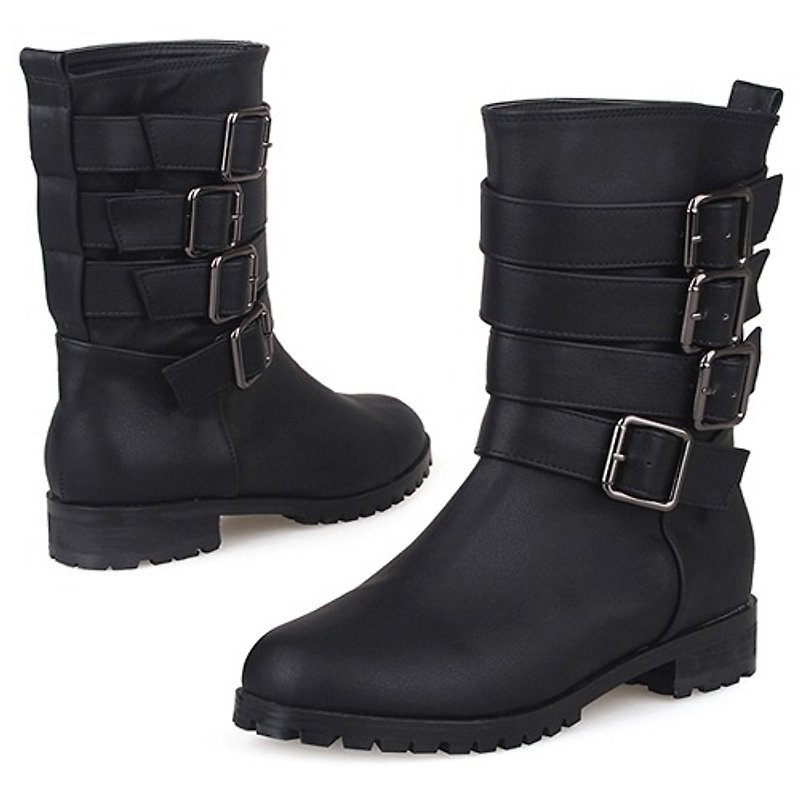 【秋冬鞋款】SPUR 型格扣環中筒靴 EF7088 BLACK - 女長靴/高筒靴 - 真皮 黑色