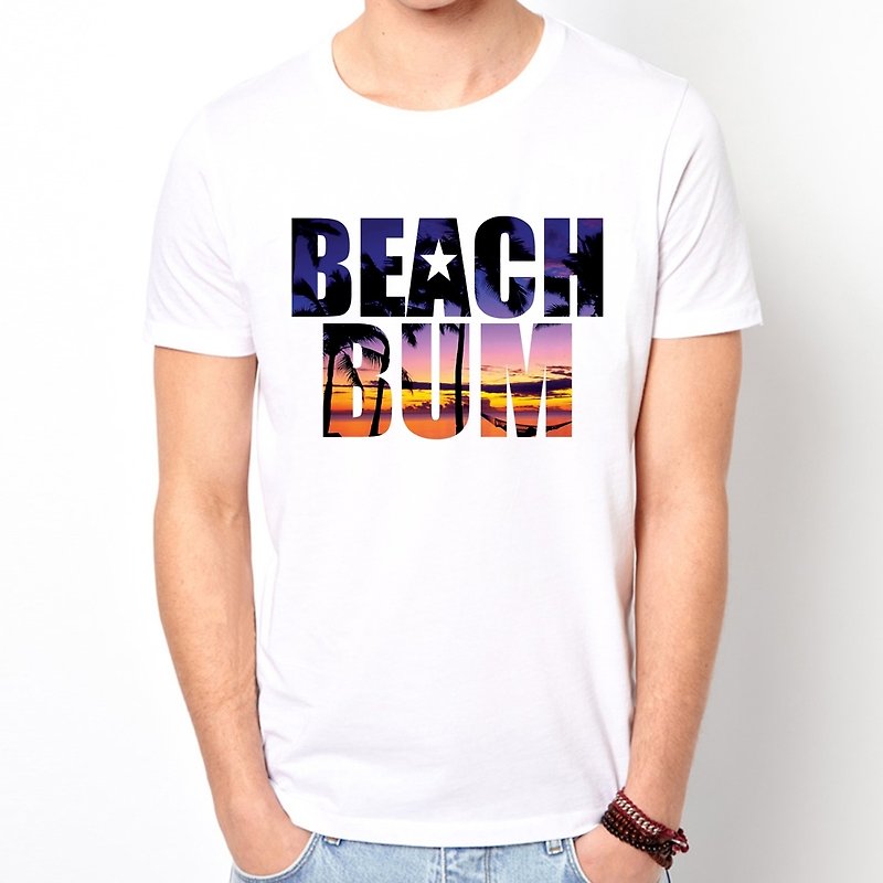 BEACH BUM SUNSET短袖T恤-白色 生活日落海衝浪渡假設計原創品牌 - 女 T 恤 - 棉．麻 白色