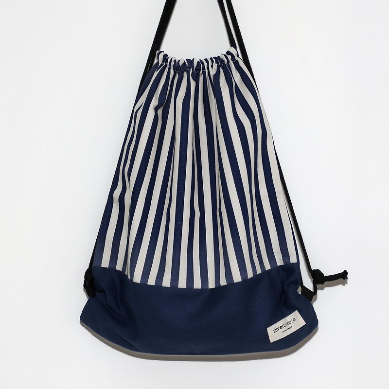 Silverbreeze ~ Drawstring backpack ~ Blue and white strips - กระเป๋าหูรูด - วัสดุอื่นๆ สีน้ำเงิน