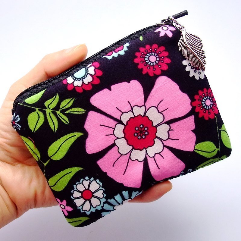 ジップコインケース/カードケース/キーケース/ヘッドフォンケース/スモールバッグ（大きなピンクの花）（ZS-36） - 小銭入れ - コットン・麻 ピンク