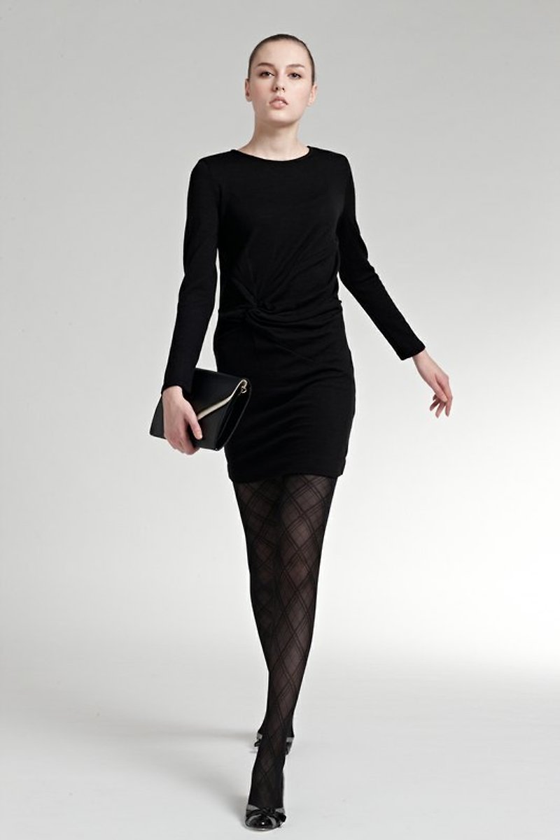 Twist-Front Knit Long Sleeve Knit Short Dress - ชุดเดรส - วัสดุอื่นๆ สีดำ