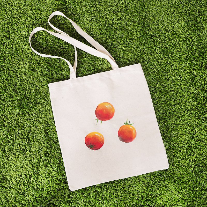 【蛋植物古着】三個蕃茄手繪帆布袋 - 側背包/斜背包 - 棉．麻 白色
