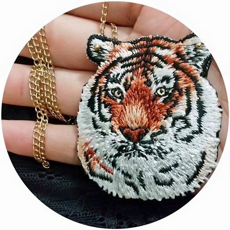 tiger embroidery long necklace with silver-plated chain - Long Necklaces - Other Materials Brown