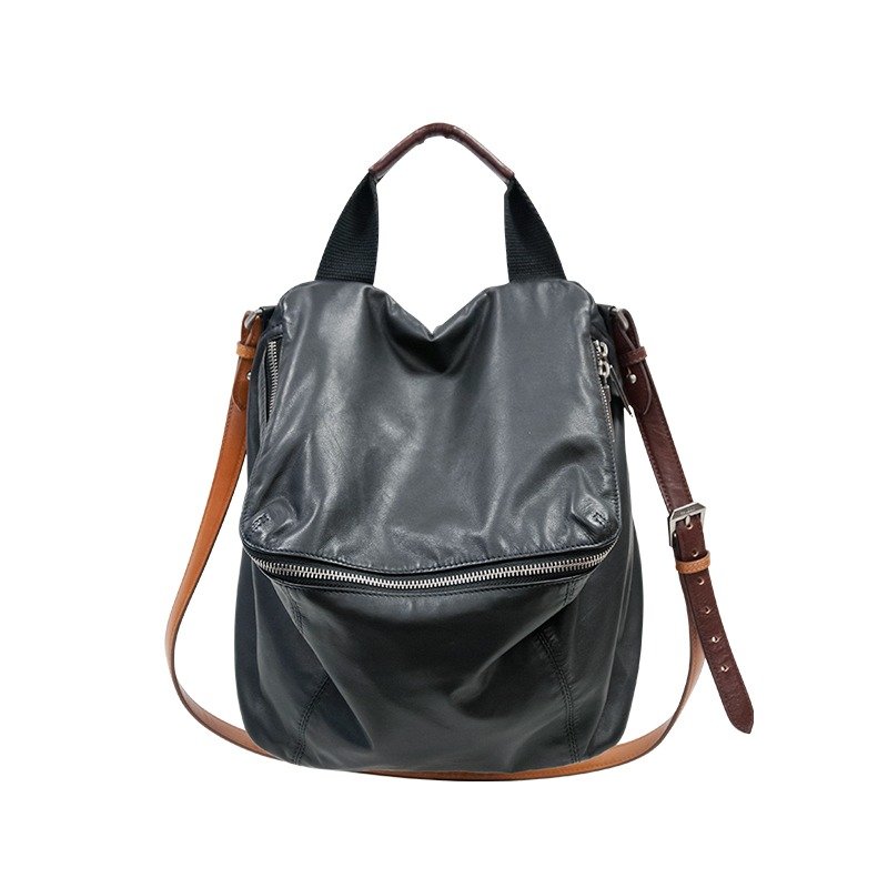 Pimm's light washed sheepskin casual shoulder bag - handsome black - กระเป๋าแมสเซนเจอร์ - หนังแท้ สีดำ