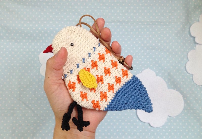 コットン編み鳥財布（オレンジ*アクア） - パスケース - その他の素材 