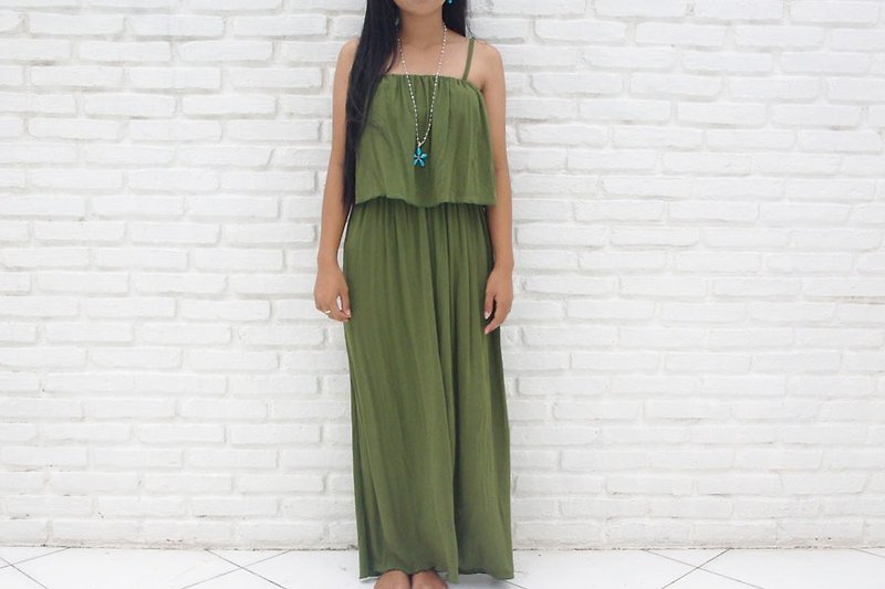 フリルキャミソールロングドレス＜カーキ＞ - 洋裝/連身裙 - 其他材質 綠色