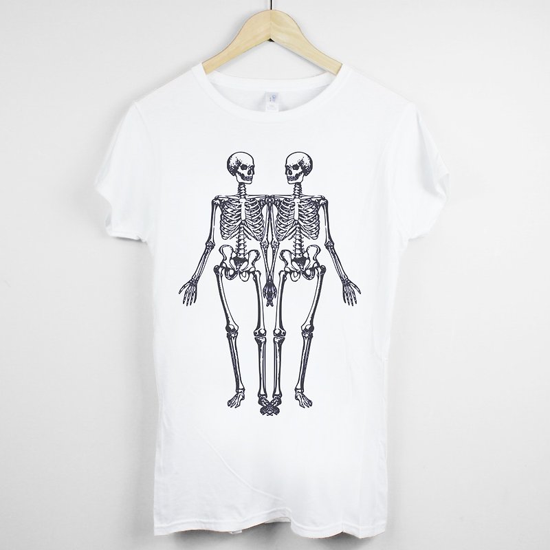 Skeleton Girls Short Sleeve T-Shirt-White Skeleton Skeleton Text Art Design Fashion Text Fashion - เสื้อยืดผู้หญิง - วัสดุอื่นๆ ขาว