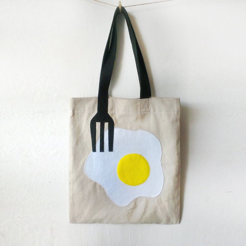 太陽蛋, 厚綿布布袋, 全人手製Tote Bag - 側背包/斜背包 - 其他材質 卡其色