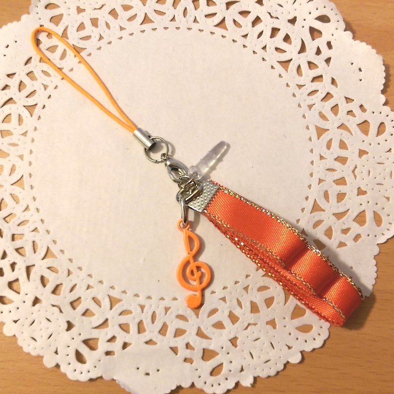 【高音譜記號緞帶耳機塞吊飾(橘)】音樂 樂器 音符 緞帶 手創 客製化 訂做《米思熊》畢業禮物 - 吊飾 - 其他金屬 橘色