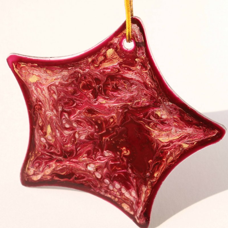 Wine Red x Light Gold Marbled Star Glass Ornament・ElegantThank You Gift - Other - Glass Red