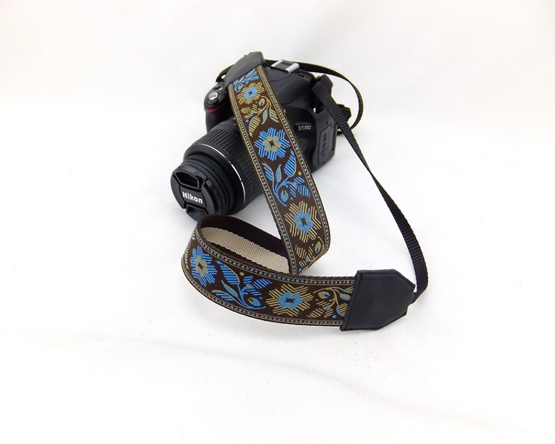 相機背帶 個性客製 可印字 真皮拼接 刺繡花紋  民族風016 - 相機帶/腳架 - 紙 藍色