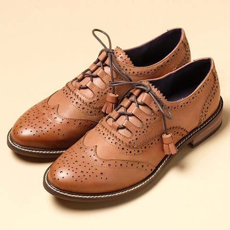 e'cho. Refined, elegant carved lace retro Oxford shoes ║Ec09 nostalgic camel - รองเท้าลำลองผู้หญิง - หนังแท้ สีนำ้ตาล