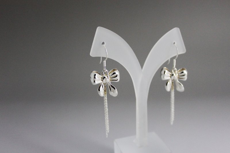 s925 Sterling Silver Ear Pins-Ribbon Bow + Tassels of Ribbon Bow - Earrings & Clip-ons - Sterling Silver Silver