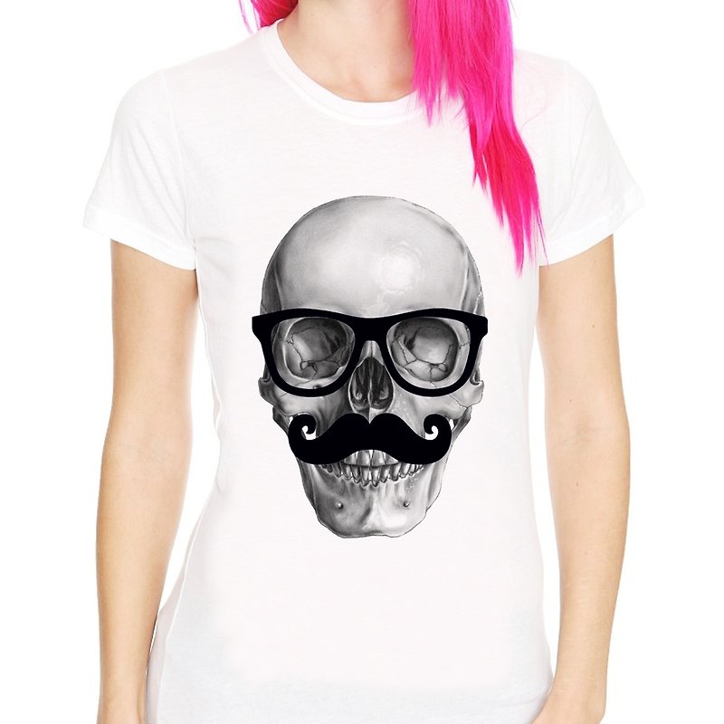 Mr Skull女生短袖T恤-白色 骷髏先生 設計 藝術 眼鏡 鬍子 - 女 T 恤 - 其他材質 白色
