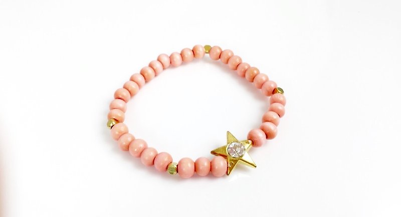 「粉膚色木珠 x 古銅星星」 - 手鍊/手鐲 - 其他材質 粉紅色