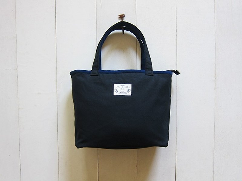 Macaron Series - Medium Canvas Tote (zipper) navy blue + black - Messenger Bags & Sling Bags - Other Materials Multicolor