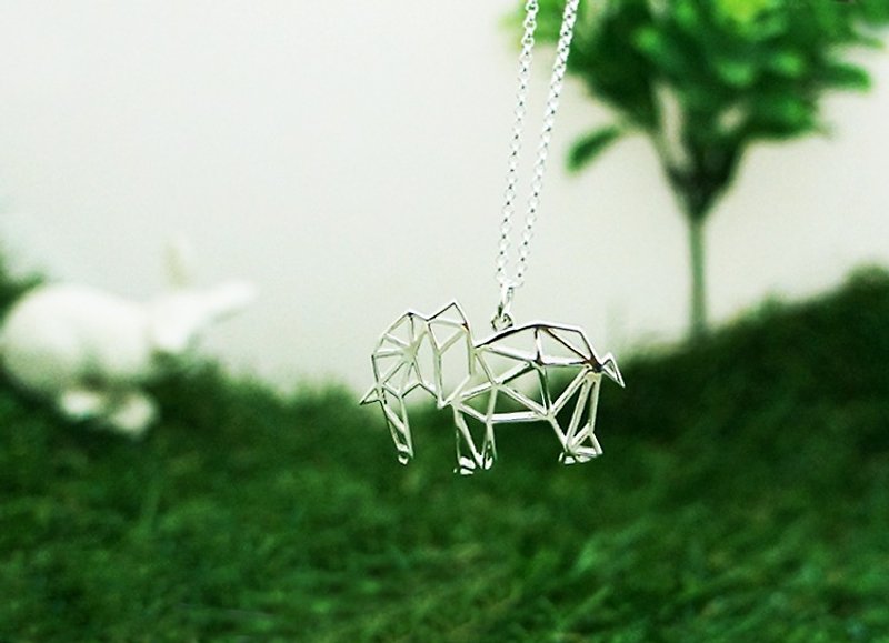 Geometric Elephant silver necklace (28 inch silver chain) - สร้อยคอ - โลหะ 