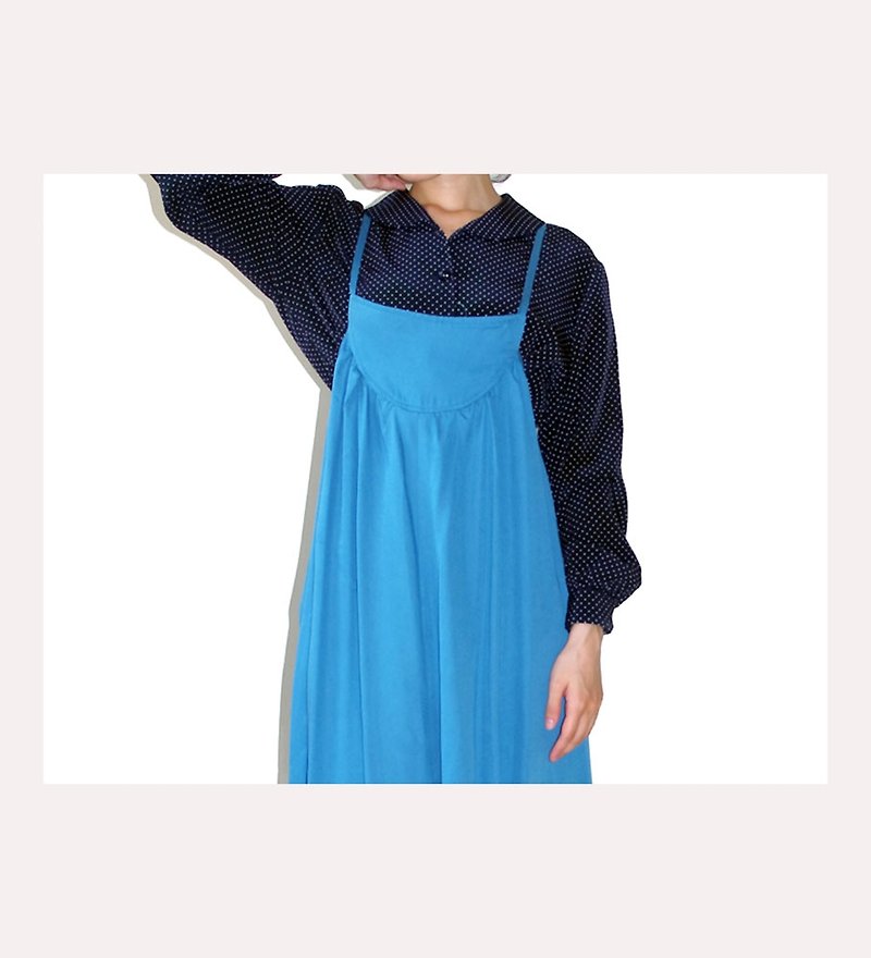 恰丸與貓~藍色底點點襯衫 - 女上衣/長袖上衣 - 聚酯纖維 藍色