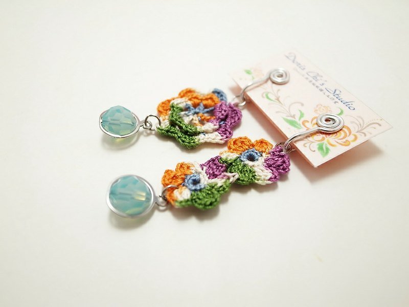 Irish Crochet Lace Jewerly (Flowers II-e) Clip Earrings - Earrings & Clip-ons - Cotton & Hemp Multicolor