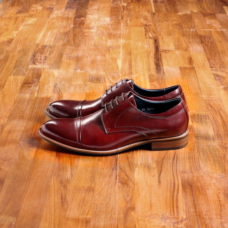 Vanger elegant and beautiful ‧ simple texture Cap-Toe Derby shoes Va192 burgundy - รองเท้าอ็อกฟอร์ดผู้ชาย - หนังแท้ สีแดง