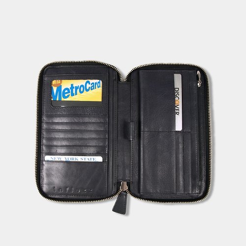 Influxx design UN1 旅行護照手機牛皮拉鍊長夾 – 藍黑色 (可加購雷雕刻字)