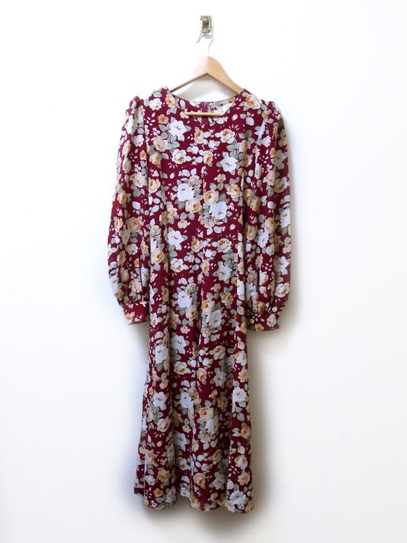 Bordeaux vintage rose Puff Sleeve Dress - One Piece Dresses - Other Materials Red