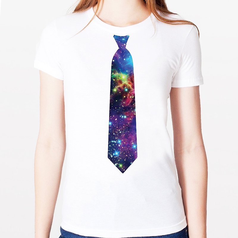 Printed Tie-Galaxy Girls Short Sleeve T-Shirt-White Milky Way Fake Tie Universe Design Homemade Brand Trendy Round Triangle - เสื้อยืดผู้หญิง - วัสดุอื่นๆ ขาว